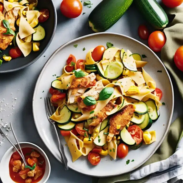 Burst Tomato Pappardelle With Zucchini, Sweet Corn, And Pan-Fried Chicken