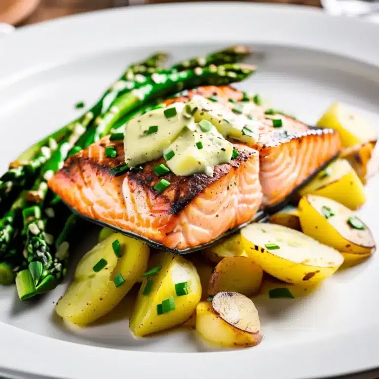 SPRING SALMON WITH CREAMED LEEKS, POTATOES, AND ASPARAGUS