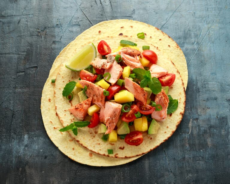 SALMON TACOS WITH MANGO CORN SALSA