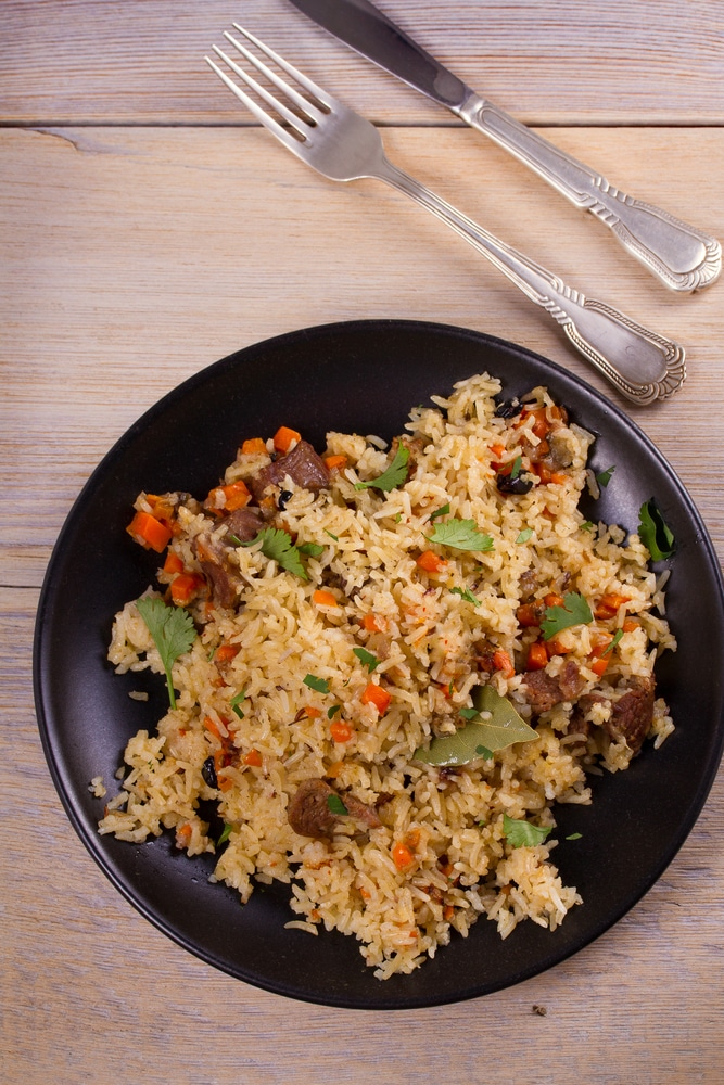 Pilaf,With,Beef,,Carrots,,Onions,,Garlic,And,Spices.,Plov.,Dish